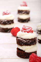 Small chocolate cake with white cream and raspberry