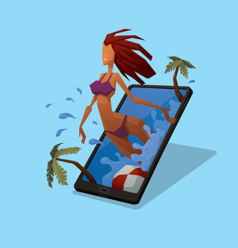 Vector cartoon image of black smartphone with jumps out of it woman with brown hair in a purple swimsuit, blue sea, green palm trees and red and white ball on a light blue background.