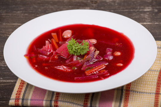 Red beet soup, borscht on the table