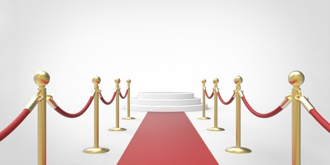 White podium on red carpet VIP way gold fence on white gray background