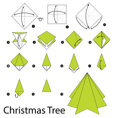 step by step instructions how to make origami christmas tree. - obrazy, fototapety, plakaty