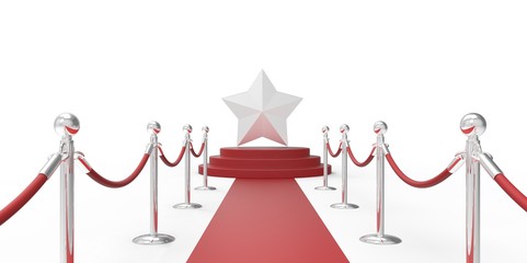 Silver chrome star on red carpet VIP way chrome silver fence on white gray background