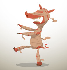 Vector Halloween Pig Mummy. Cartoon image of pink pig in the image of Mummy on a light background. In the theme of Halloween.