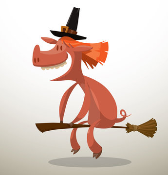 Vector Halloween Pig Witch. Cartoon image of pink pig with red hair in a black hat riding on a broom in the image of Witch on a light background. In the theme of Halloween.