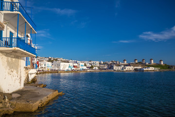 Fototapeta na wymiar Mykonos town panoramic view with clear blue sky, Greece