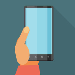 Hand holding Mobile phone. Flat icon whit long shadow.
