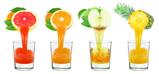 collages fruit juice in a glass isolated on a white background