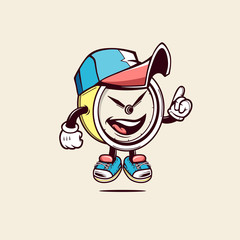Cartoon illustration of time character or alarm clock with cap