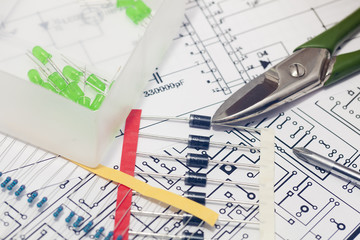 Leds and diodes over electronic diagram