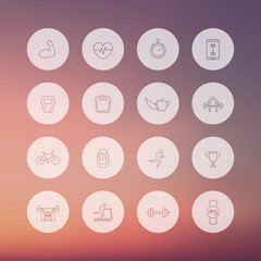 16 fitness, gym, training linear transparent icons, vector illustration, eps10
