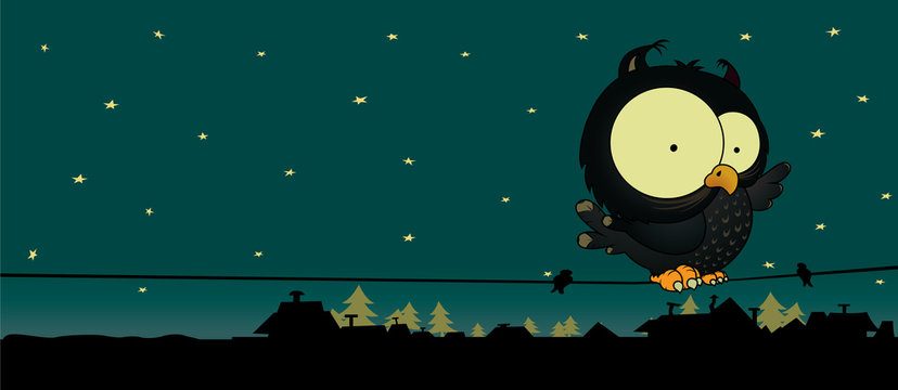 Little owl.Cute and sweet looking cartoon character.Night scene with stars,roofs and trees.vector illustration