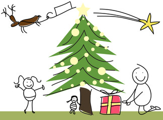 Little girl and boy with christmas tree and gifts.