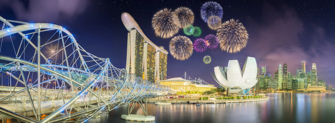 Beautiful fireworks in Marina Bay, Singapore Skyline