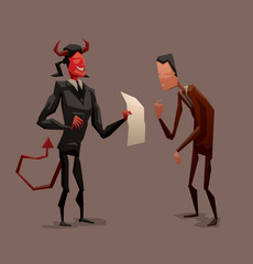 Vector cartoon image of a red devil with horns and tail in a black suit with a white sheet of paper in his hand and a businessman in a brown suit on a gray background.