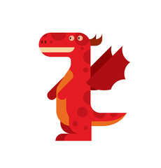 Vector Flat Dragon. Cartoon image of a funny flat red dragon with wings on a white background.