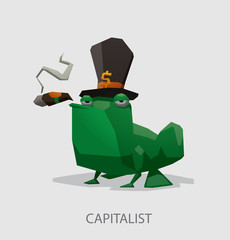 Obraz premium Vector cartoon image of a green frog the capitalist in a black tall hat with a gold dollar symbol and with a cigar in his mouth on a light background. The text is written in curves.