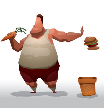 Vector Cartoon Image Of A Fat Man With Brown Hair In A White Tank Top And Red Shorts Holding An Orange Carrots In His Hand And Throwing Away In Orange Bucket Burger On A Light Background.