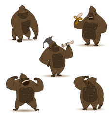 Naklejka premium Vector Funny gorillas set. Cartoon image of five funny brown gorillas in different poses on a light background.