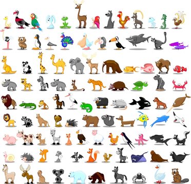 Set of 100 cute cartoon animals