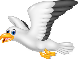 Fototapeta premium Cartoon flying seagull isolated on white background