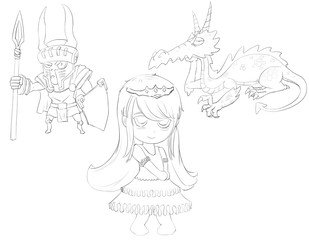 Princess, Knight, Dragon - Character Design for children - Line Art