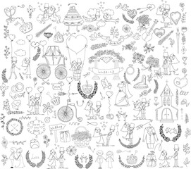 Doodle wedding set for invitation cards, including template design decorative elements - flowers, bride, groom, church, hearts