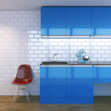 New Contemporary Blue Kitchen Furniture In White Interior With Classic Tiles