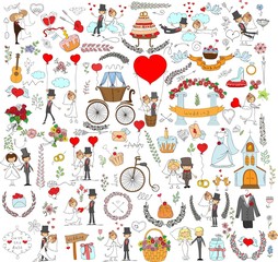 Doodle wedding set for invitation cards, including template design decorative elements - flowers, bride, groom, church, hearts