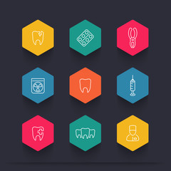 Tooth, dental care, dental pliers, toothcare, stomatology, line color icons, vector illustration