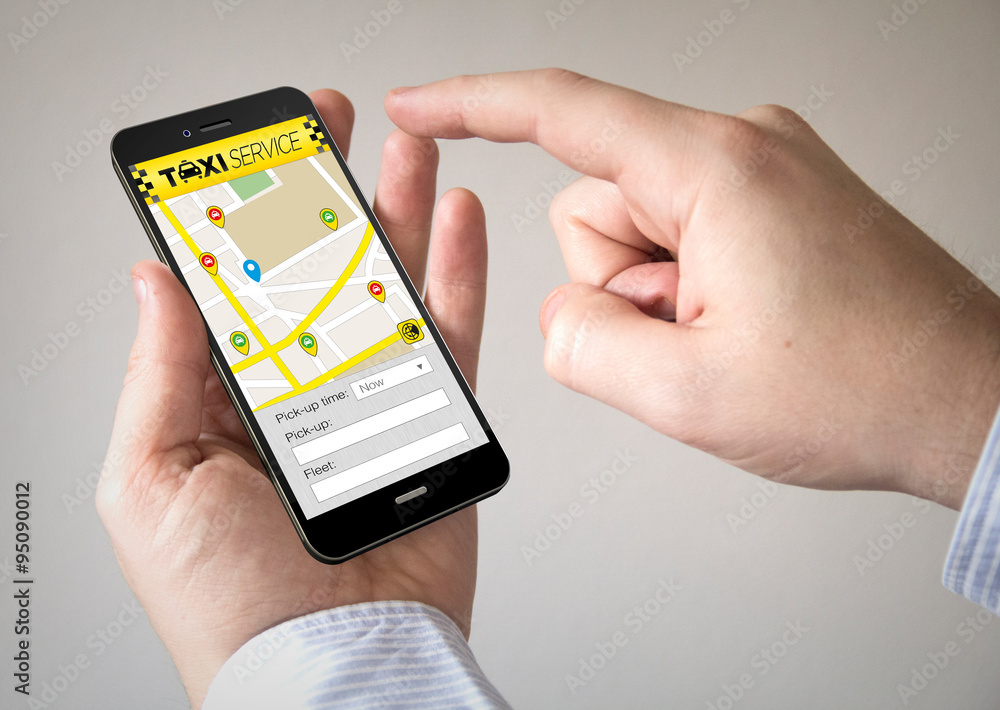 Poster touchscreen smartphone with taxi application on the screen
