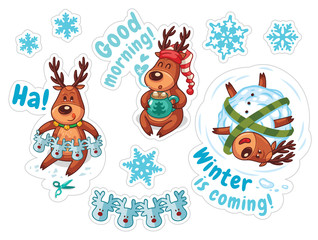 Obraz na płótnie Canvas Cartoon deers, Christmas stickers