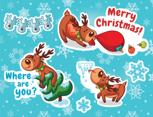 Fototapeta premium Christmas sticker set. Reindeer Santa