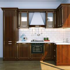 Classic Wooden Kitchen Interior with white tiles