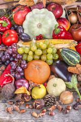 Naklejka na ściany i meble Autumn fruits, nuts and vegetables on the table