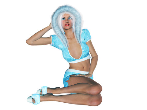 3D figure beautiful sexy Snow Maiden with short blue skirt and blouse with fur collar. Luxurious girl body. Blond hair and blue eyes. Bright and flashy makeup. High key, isolate. Seductive pose.