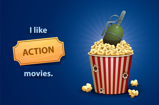 Vector Action movies. Cartoon image of a red and white popcorn bucket with bullet holes and grenade green on top, symbolizing an action movies on a bright blue background. 