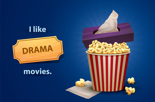 Vector Drama movies. Cartoon image of a red and white popcorn bucket with purple napkin box on top and  white napkin below, symbolizing a Drama movies on a bright blue background. 