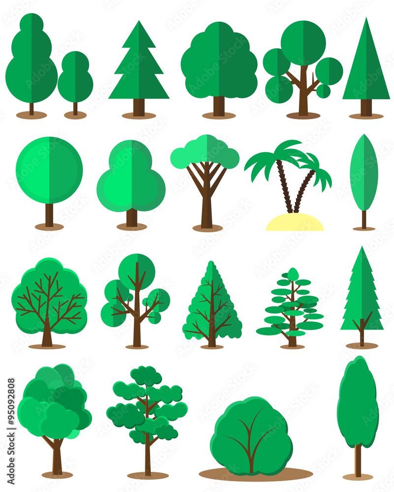 Poster flat tree set isolated on white background. vector collection of design elements for games, cartoons