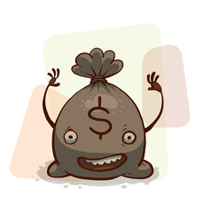 Vector Funny money, bag. Cartoon image of gray bag of money with dollar sign smiling on a light background.