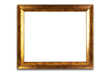 Decorative golden frame isolated on white. Empty interior.