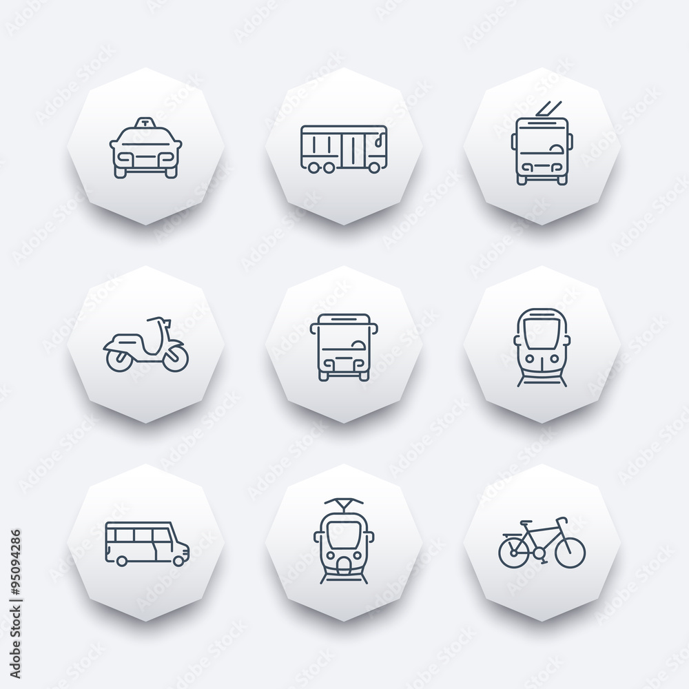 Canvas Prints City transport, tram, train, bus, bike, taxi, trolleybus, line octagon icons, vector illustration