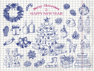 Obraz premium Big set of Christmas decorations in sketch style on paper