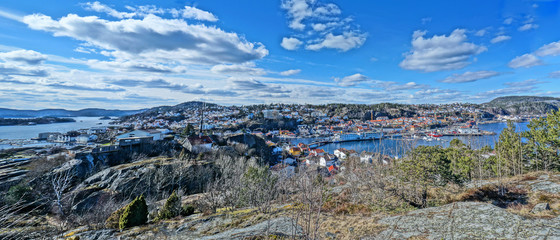 Autumn panorama HDR of Kragero city and fjord, Norway - obrazy, fototapety, plakaty