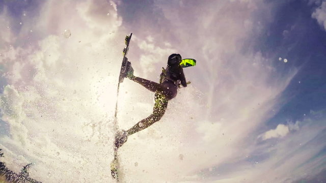 Kite Boarding in Bikini. Fun in the Ocean. Summer Extreme Sport. 