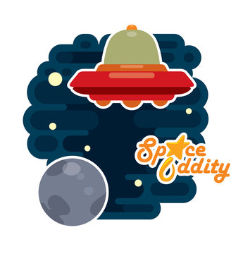 Vector Space cover, Pluto. Cartoon Image Space Cover: the gray planet Pluto, red-orange spaceship and orange lettering "Space Oddity" on a dark blue star background. 