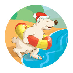 Little cute white bear wearing santa hat is running into the sea with rubber ring. Concept for travel agency.