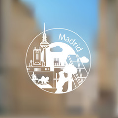 Linear round logo with statue of Bear and strawberry tree and other lanmarks of Madrid, Spain