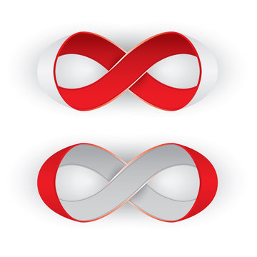 Photorealistic red and silver ribbon in shape limitless, infinity symbol