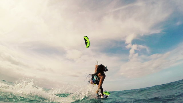 Kiteboarding. Fun in the ocean, Extreme Sport Kitesurfing. Slow Motion