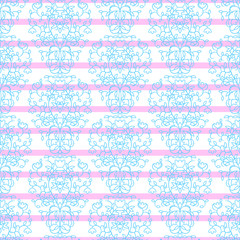 Blue on pink stripes elegant border in damask retro style. Leaf ornament with swirls, fan or feather motifs with dotted row. For border cloth or invitations.